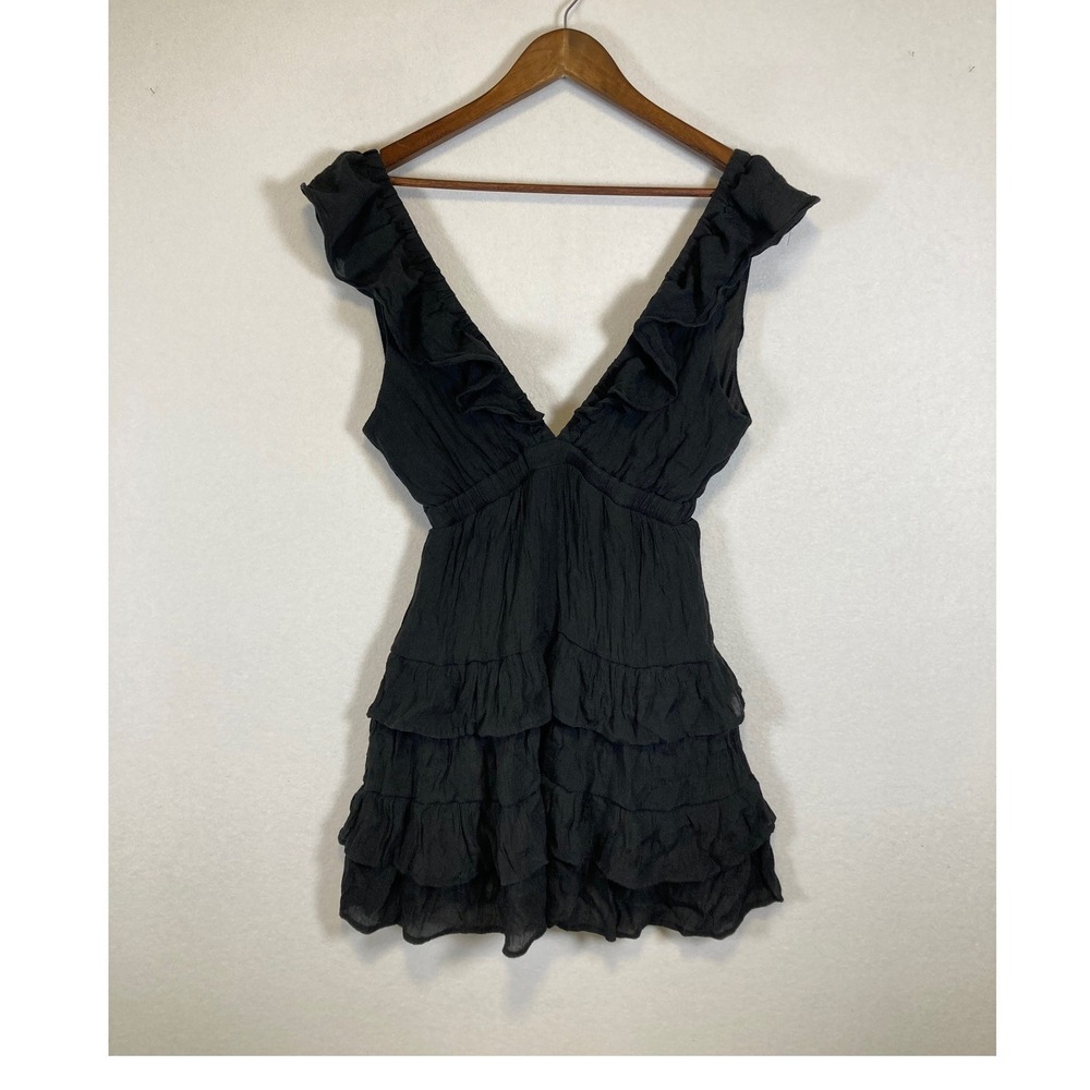 Romantic Goth Ruffle Tiered Mini Dress Womens Medium Black V-Neck Smocked Chic